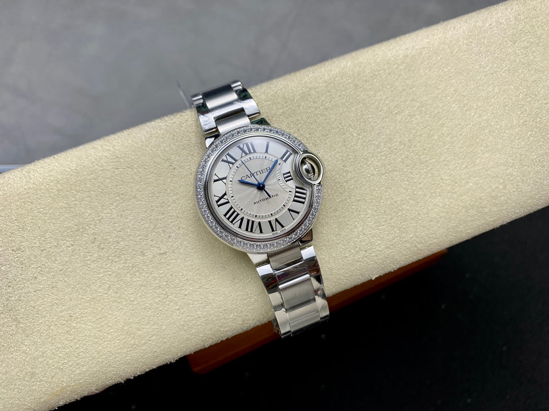 Round Domed Case Watch, White Gold Tone, Stone-Set, White, Small Model