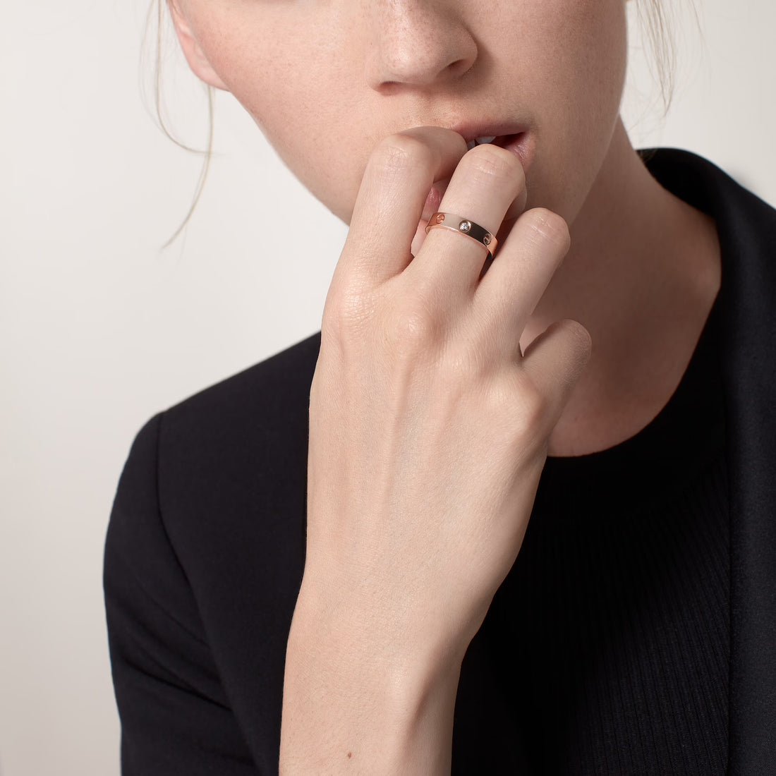 Screw-Motif Band Ring, Stone-Set, Rose Gold Tone