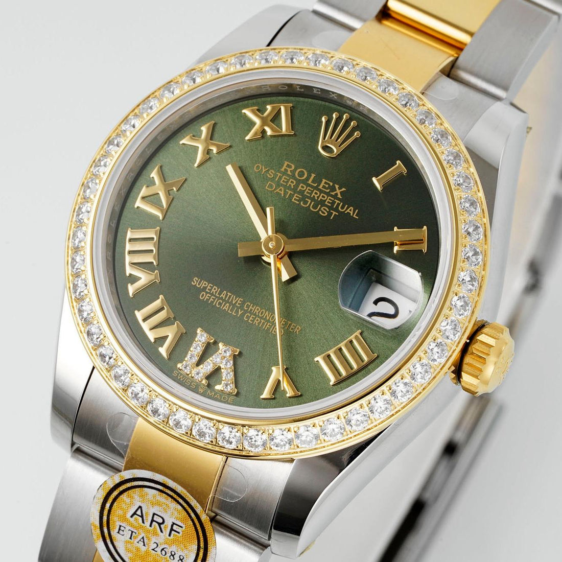 Classic Date Watch, Yellow Gold Tone, Steel, Stone-Set, 31 mm