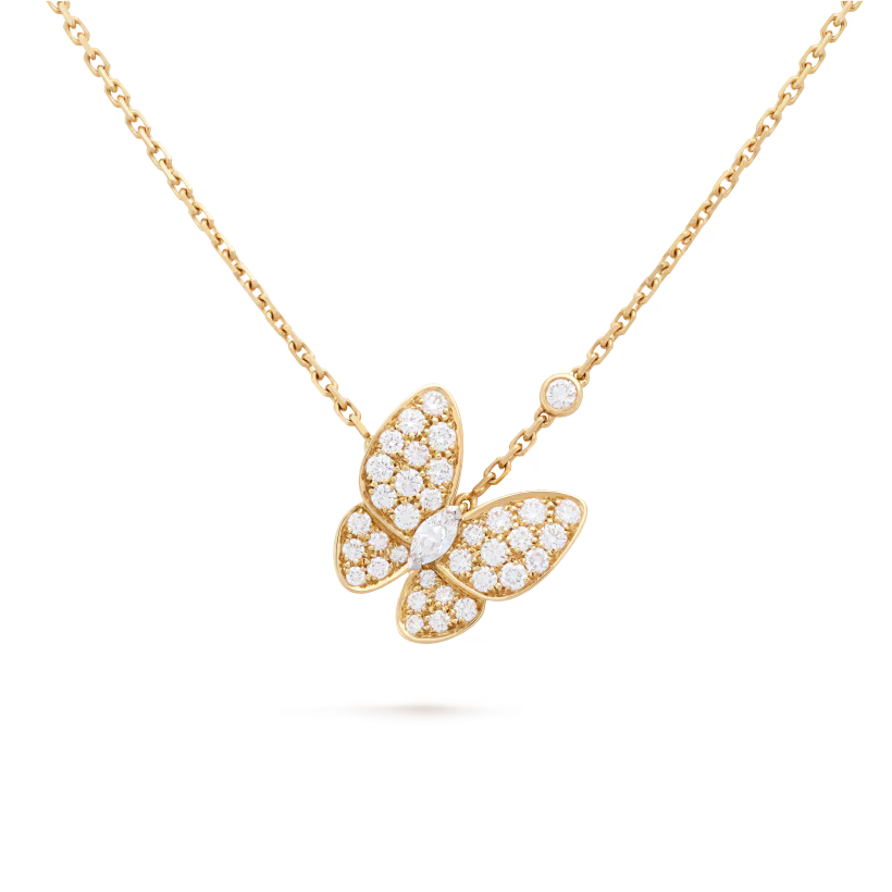 Double Butterfly Pendant Necklace, Yellow Gold Tone