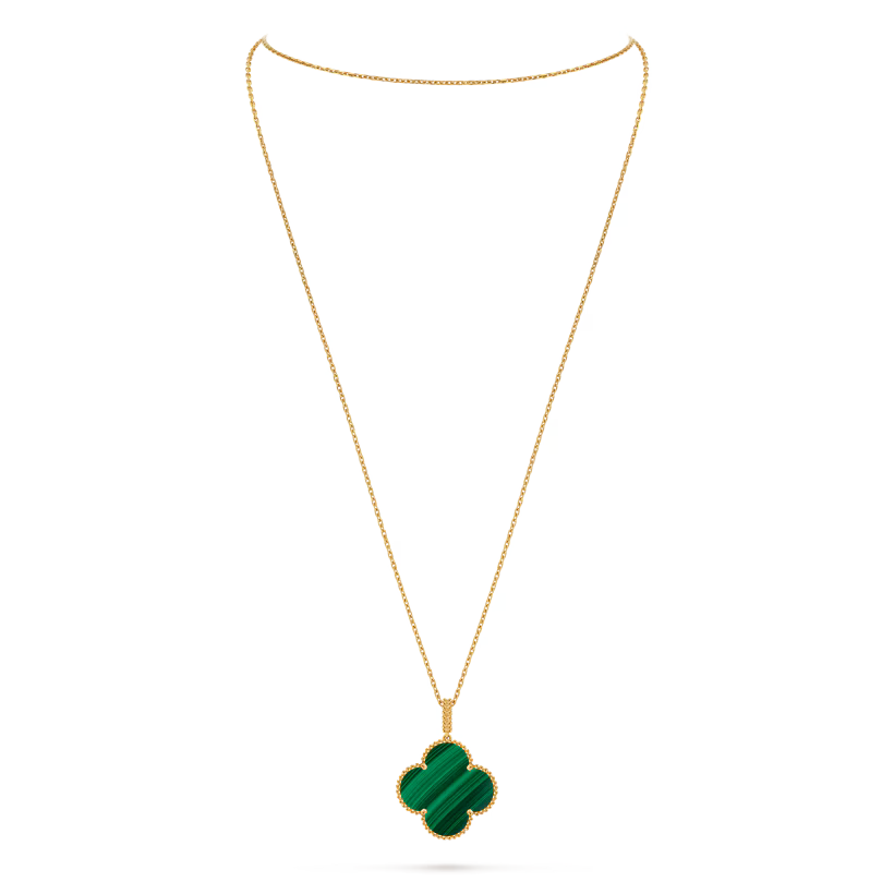 Quatrefoil Long Necklace, 1 Motifs, Yellow Gold Tone, Malachite