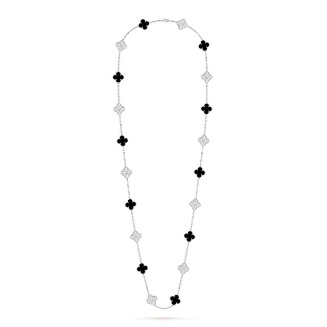 Quatrefoil Long Necklace, 20 Motifs, Rose Gold Tone, Malachite