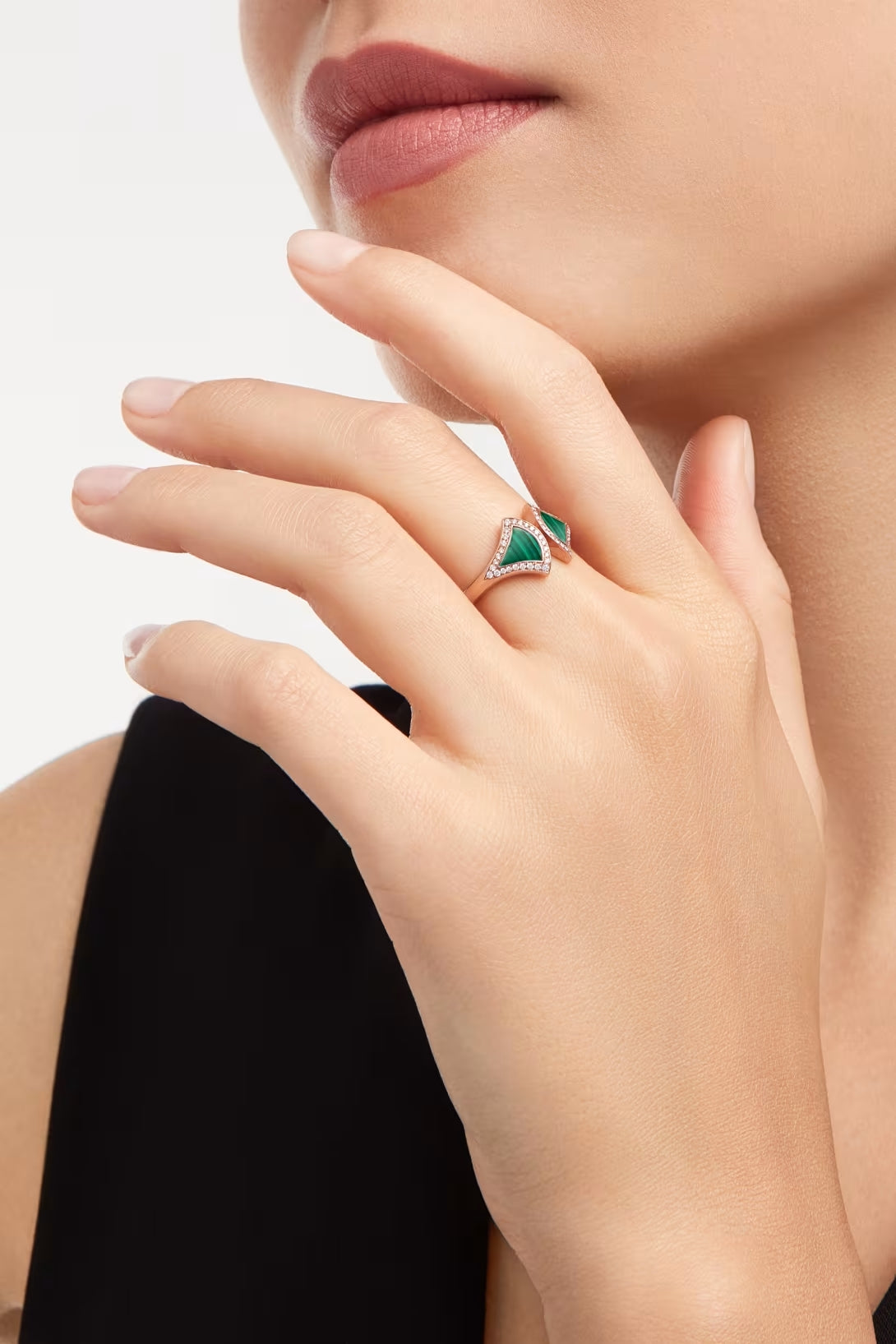 Fan-Motif Ring, Rose Gold Tone, Malachite