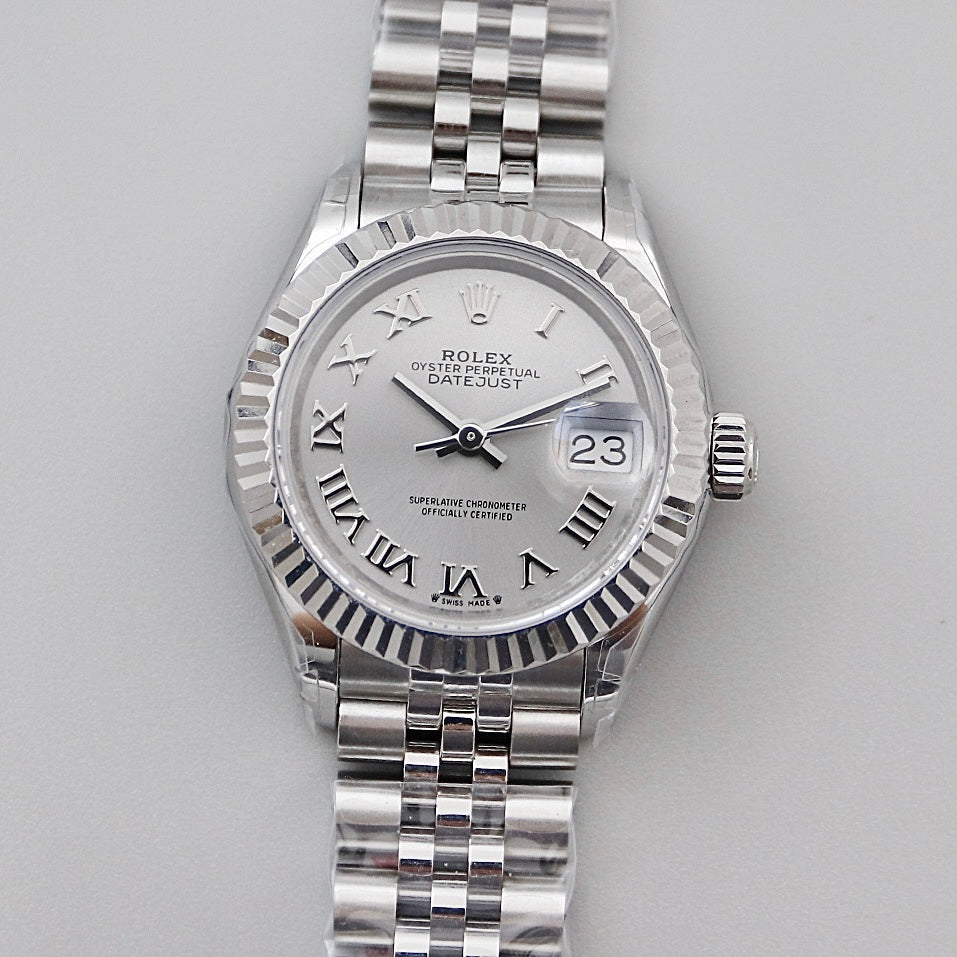 Classic Date Watch, White Gold Tone, Steel, White, 28 mm