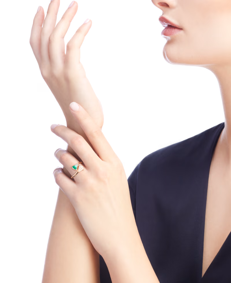 Fan-Motif Ring, Rose Gold Tone, Stone-Set, Malachite
