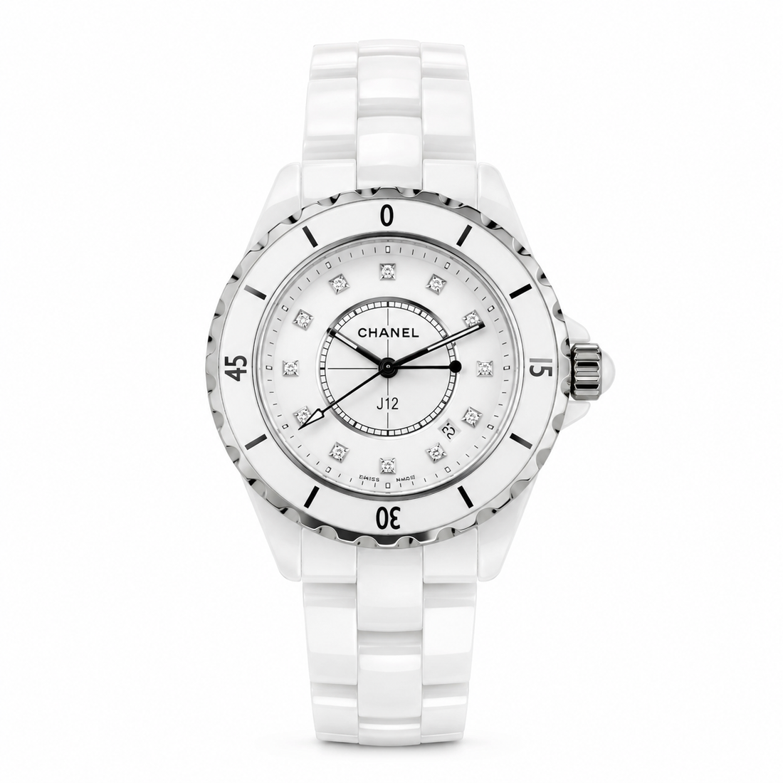 Ceramic Round Watch, White Gold Tone, White, 33MM