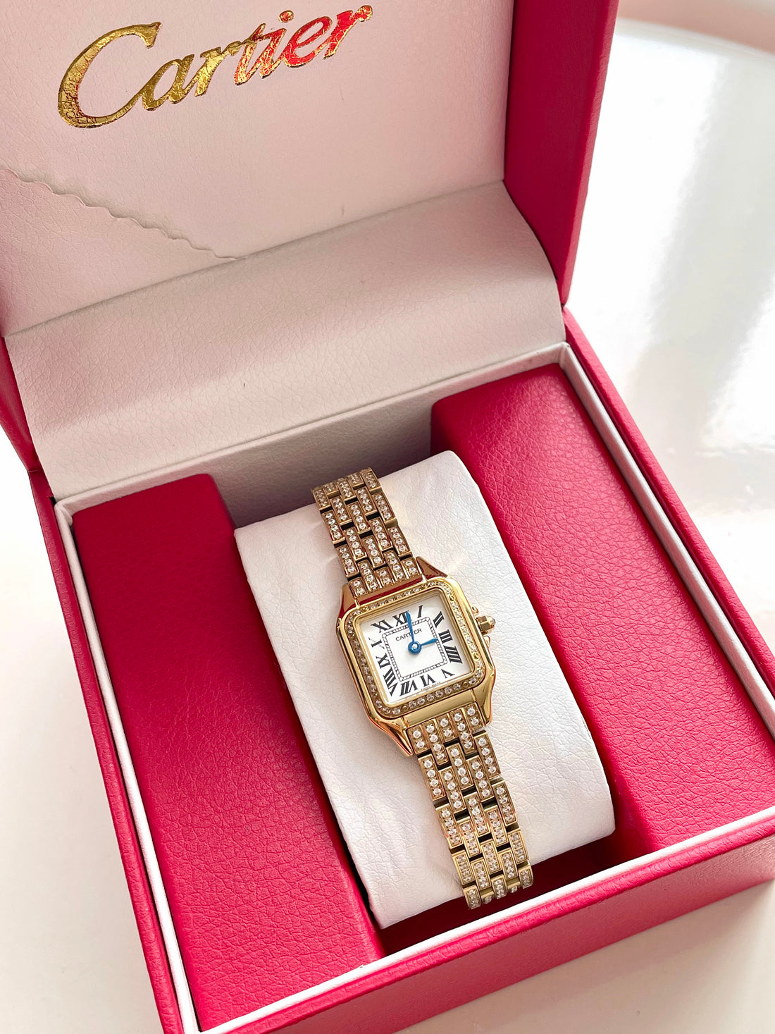 Square Link-Bracelet Watch, Yellow Gold Tone, Stone-Set, Small Model
