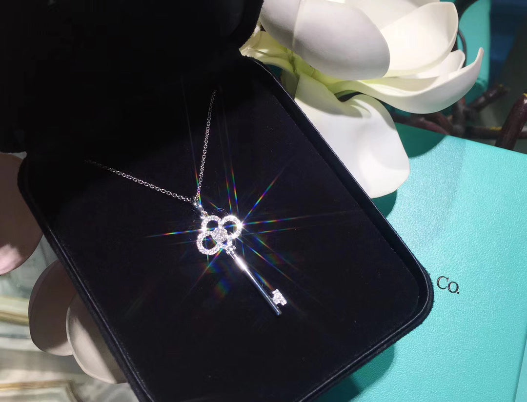 Key Pendant Necklace, White Gold Tone