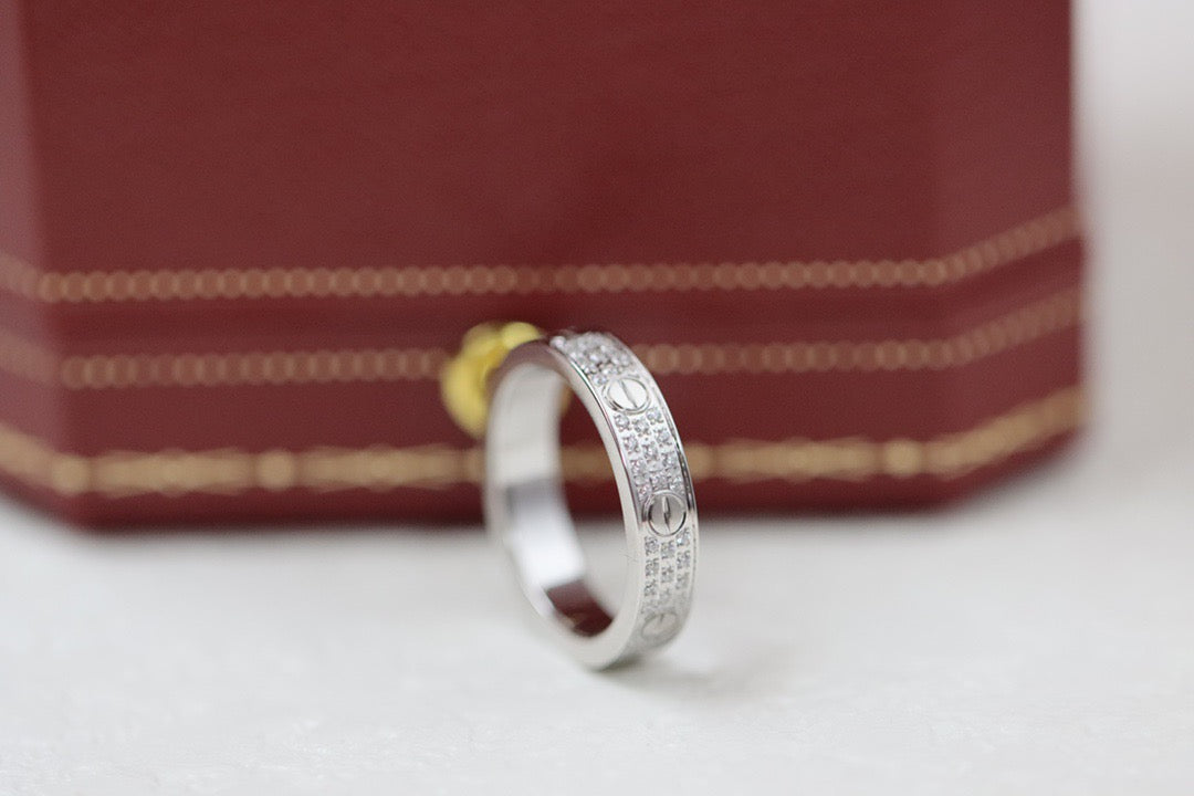 Screw-Motif Band Ring, Stone-Set, White Gold Tone