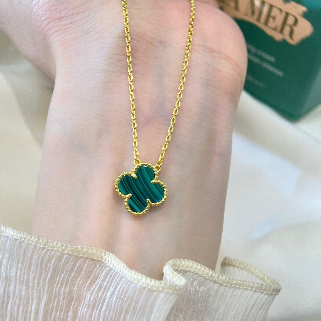 Quatrefoil Pendant Necklace, Yellow Gold Tone, Malachite