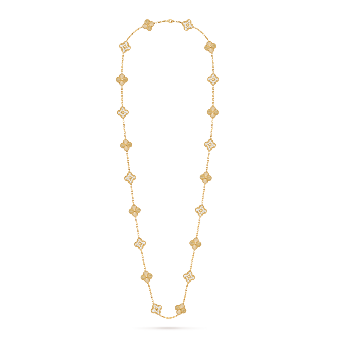 Quatrefoil Long Necklace, 20 Motifs, Rose Gold Tone, Malachite