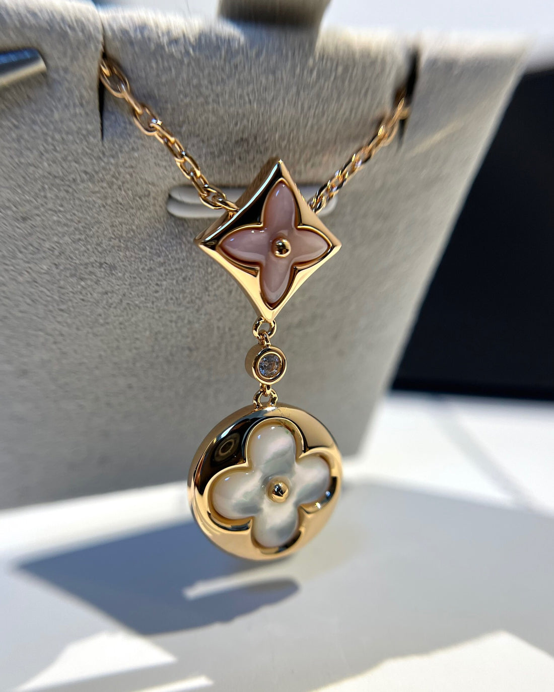 Flower Motif Necklace, Rose Gold Tone, Mother-of-Pearl, Stone-Set