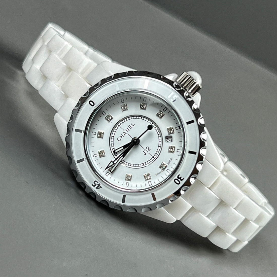 Ceramic Round Watch, White Gold Tone, White, 33MM