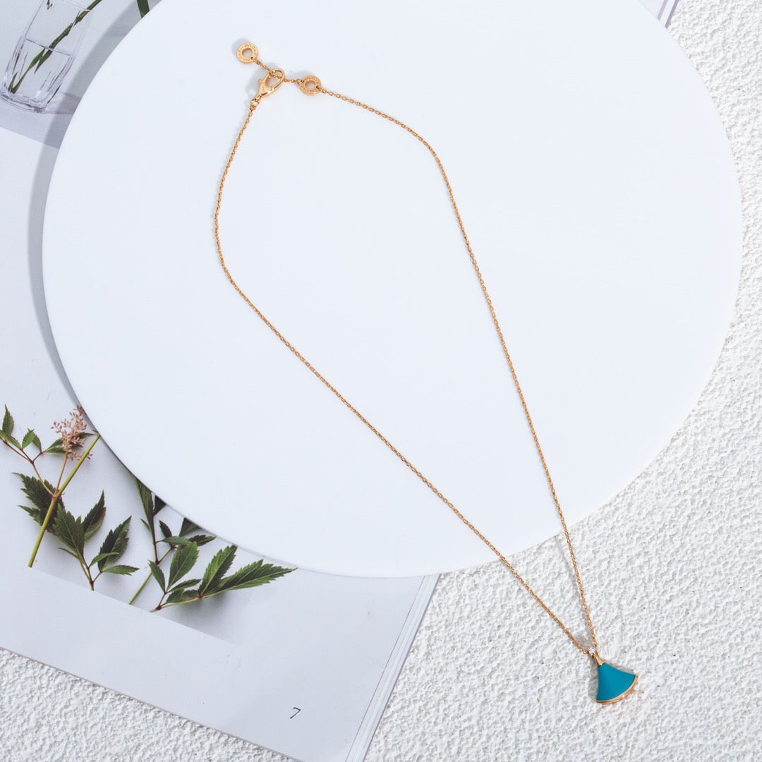 Fan-Motif Necklace, Rose Gold Tone, Stone-Set, Turquoise