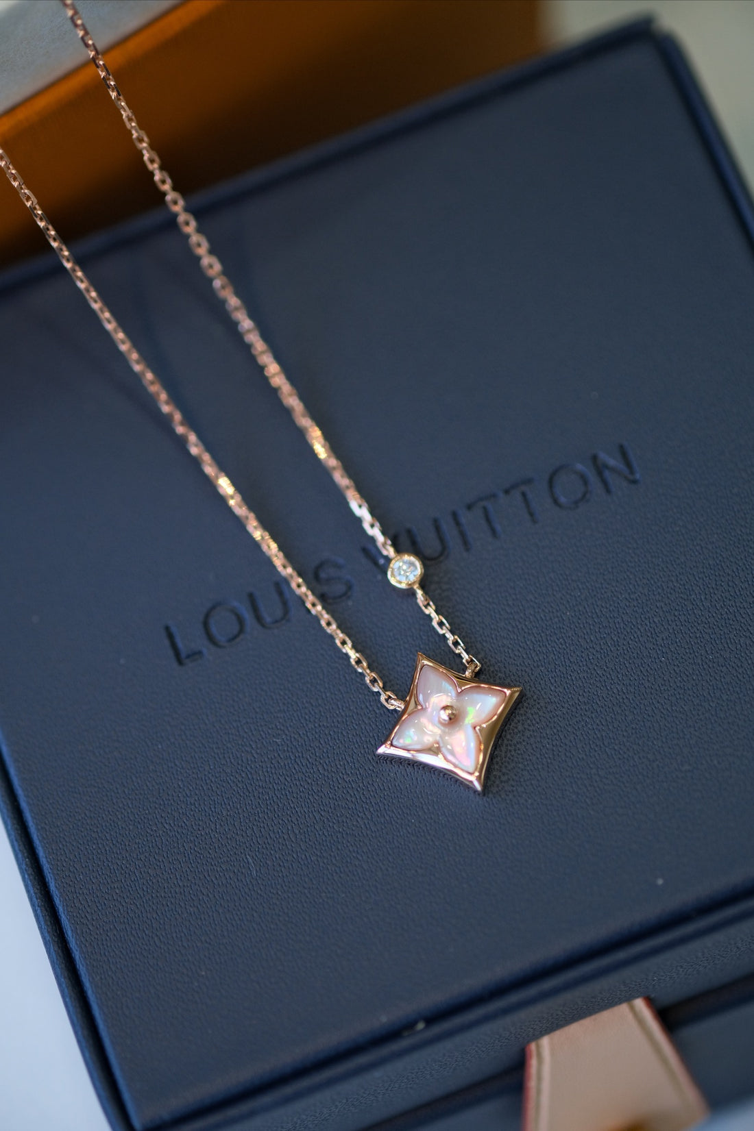 Star-Flower Pendant Necklace, Rose Gold Tone, Mother-of-Pearl, Stone-Set
