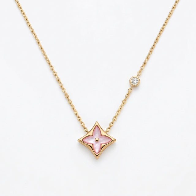 Star-Flower Pendant Necklace, Mother-of-Pearl, Stone-Set, Pink