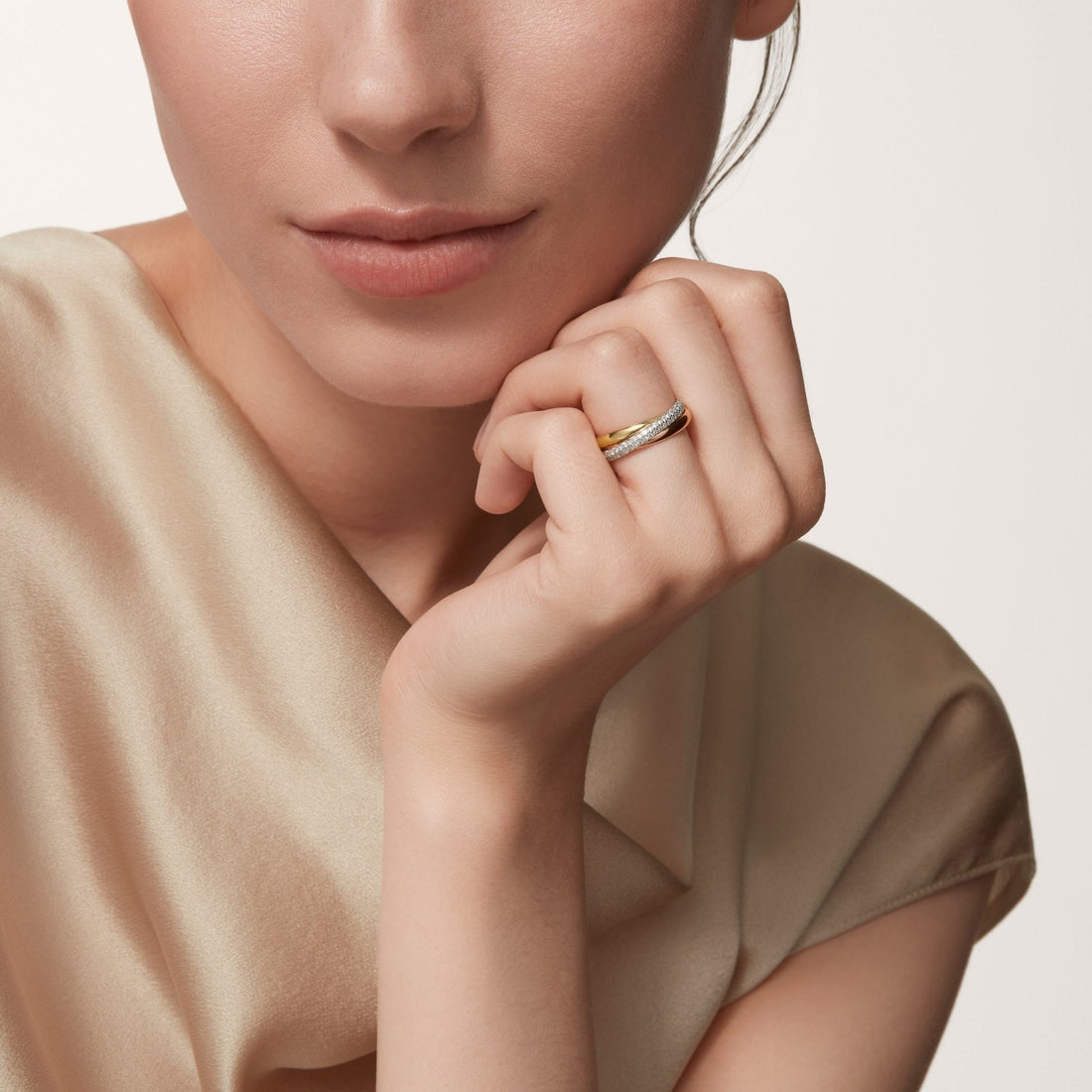 Three-Band Rolling Ring, Stone-Set, Small Model, Rose Gold Tone