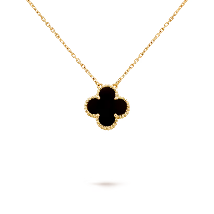 Quatrefoil Pendant Necklace, Yellow Gold Tone, Onyx