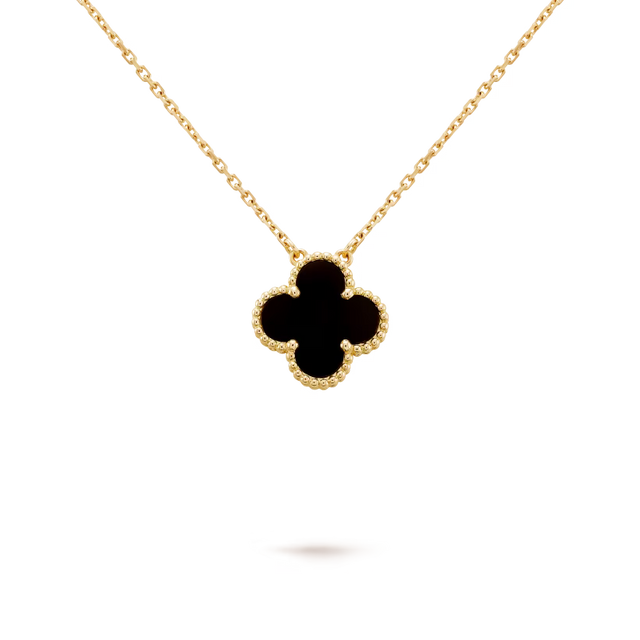 Quatrefoil Pendant Necklace, Yellow Gold Tone, Onyx