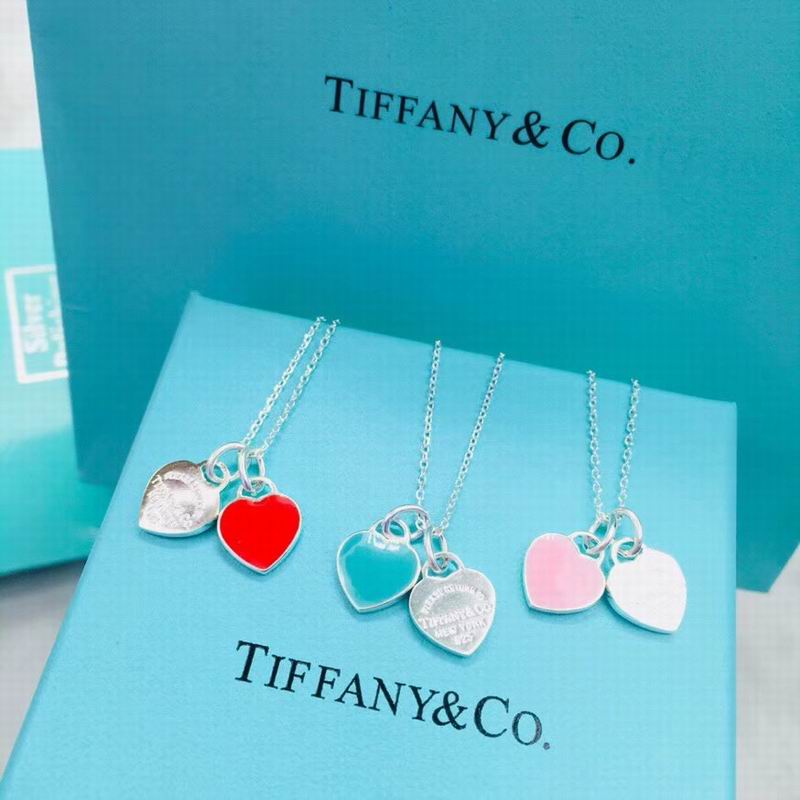 Double Heart Tag Pendant Necklace, Red, Silver Tone