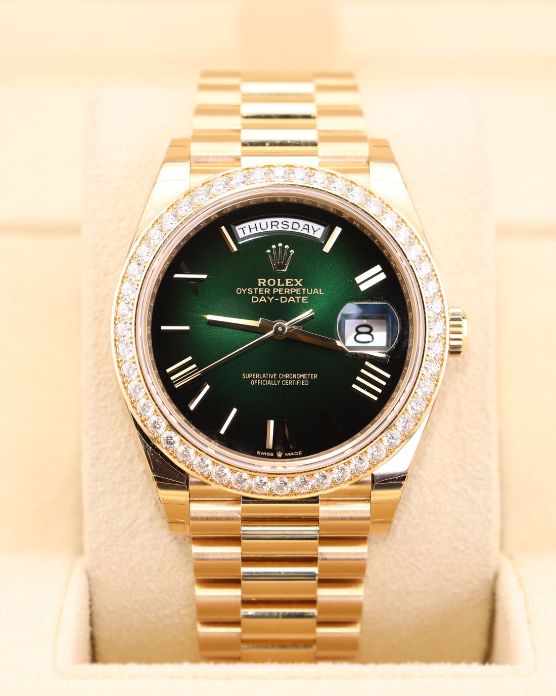 Day and Date Watch, Yellow Gold Tone, Stone-Set, 41 mm
