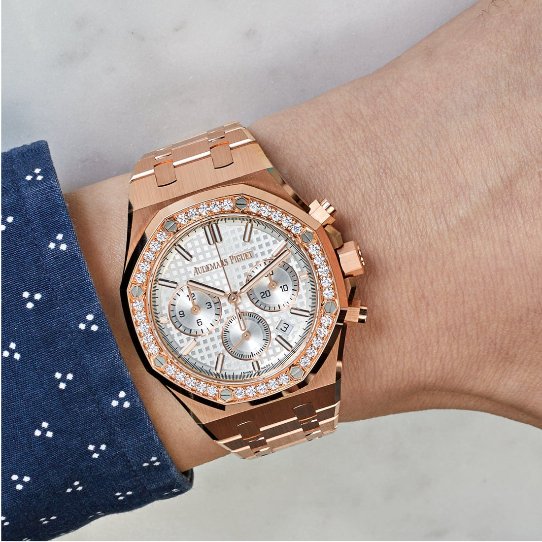 Octagonal Bezel Watch, 18K, Rose Gold Tone, Stone-Set, 38 mm