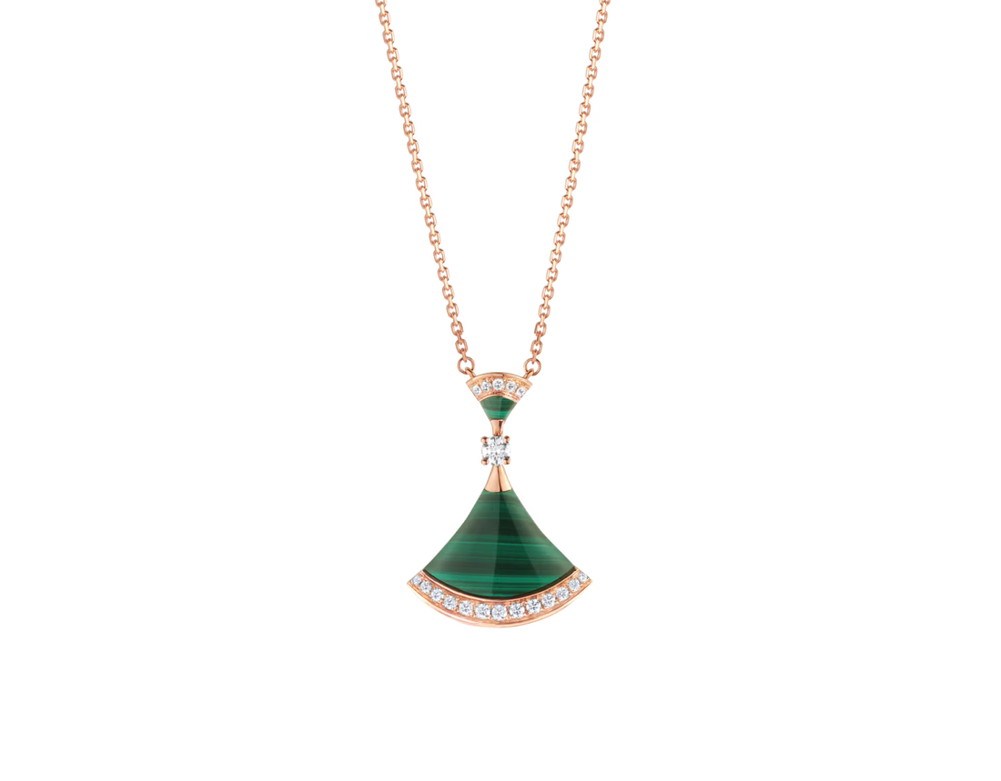 Fan-Motif Necklace, Rose Gold Tone, Stone-Set, Malachite