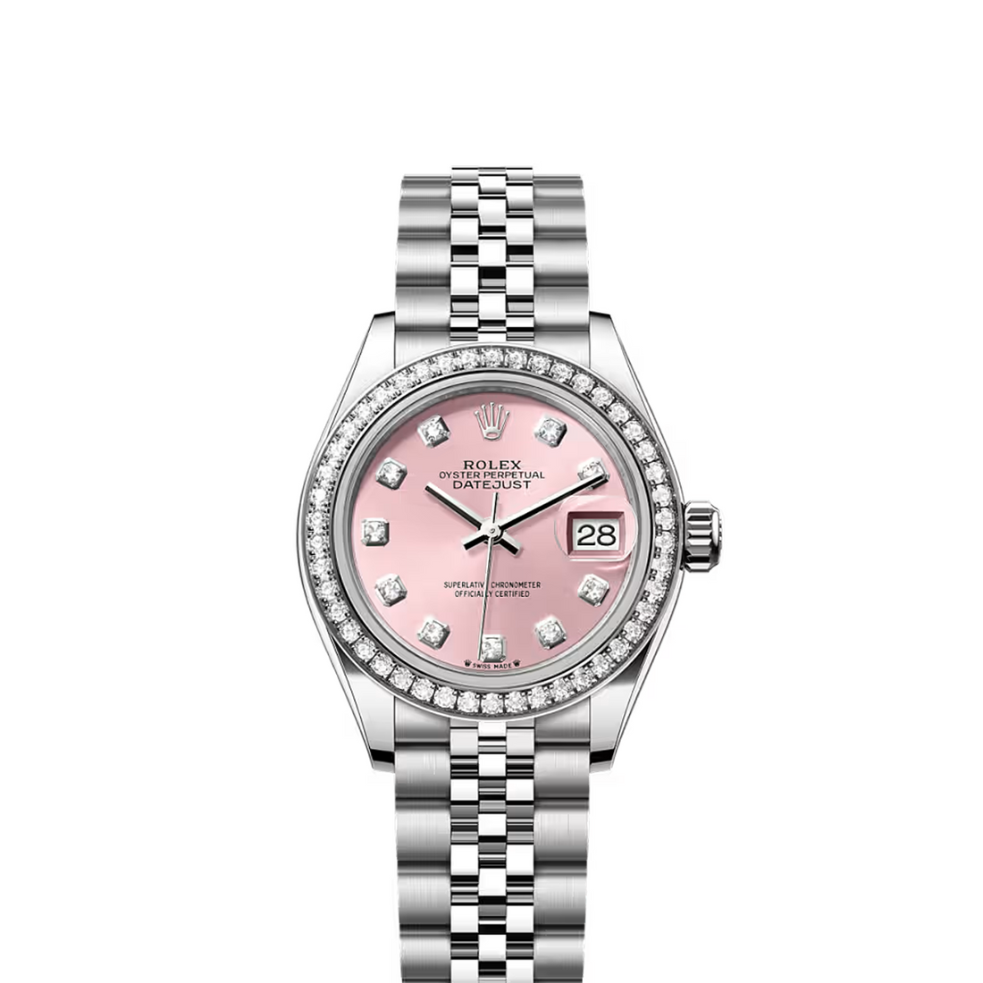 Classic Date Watch, White Gold Tone, Steel, Stone-Set, 28 mm