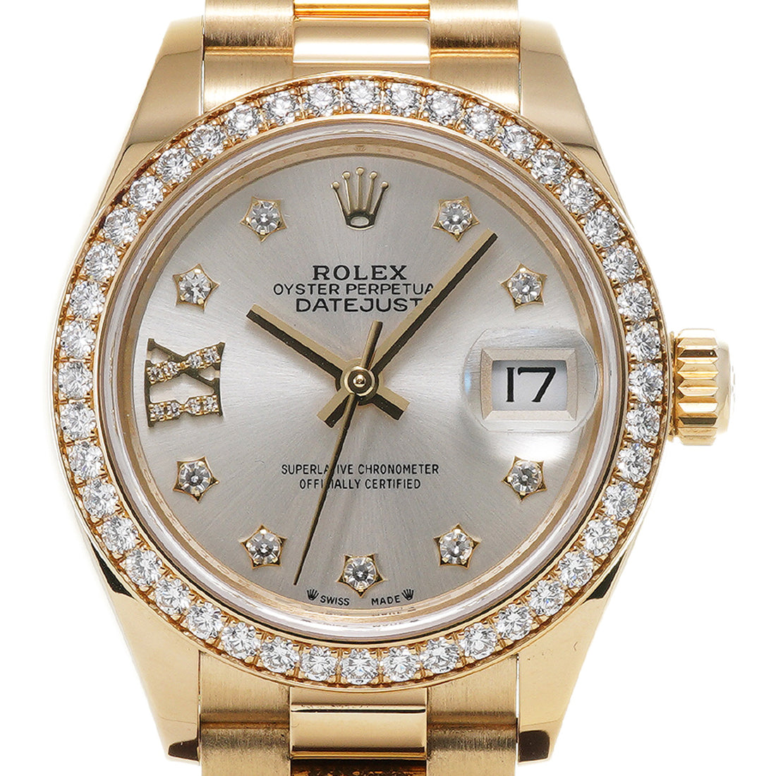 Classic Date Watch, Yellow Gold Tone, Stone-Set, 28 mm