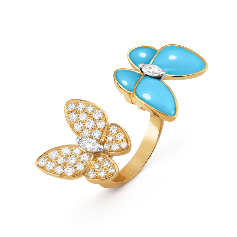 Double Butterfly Ring, Yellow Gold Tone, Turquoise