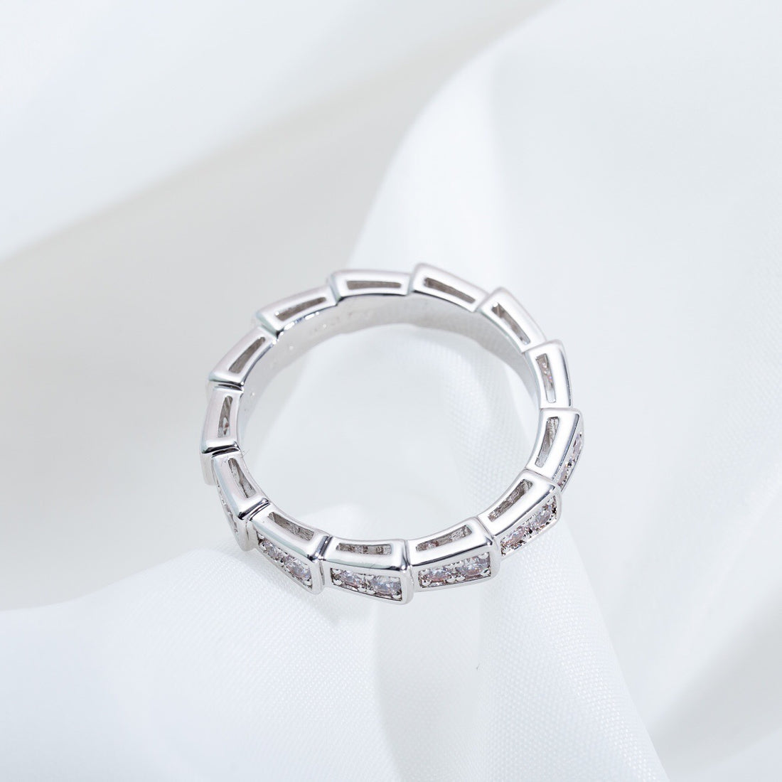 Snake-Scale Ring, White Gold Tone, Stone-Set