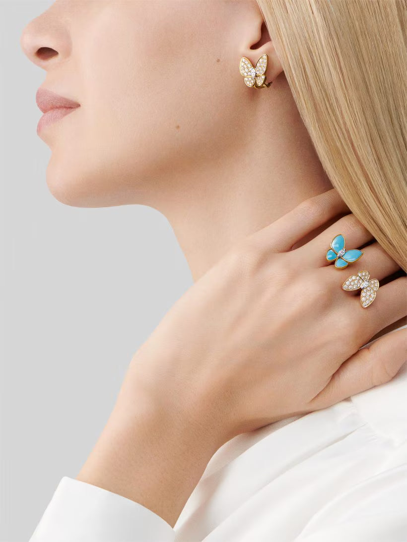 Double Butterfly Ring, Yellow Gold Tone, Turquoise