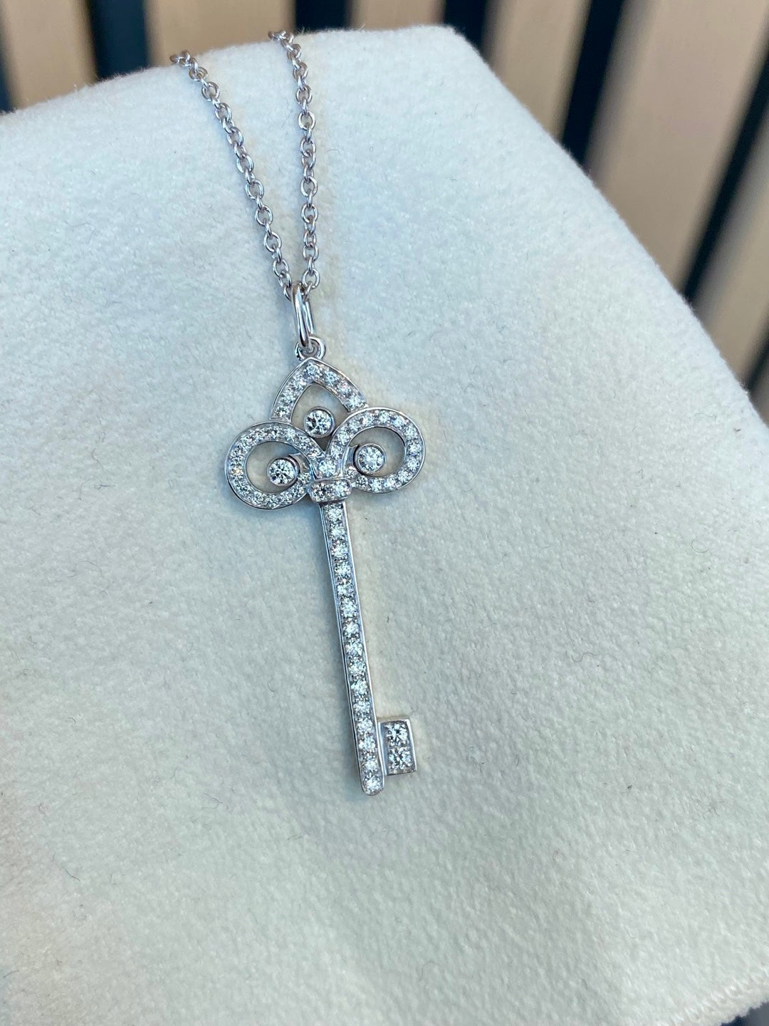 Key Pendant Necklace, White Gold Tone