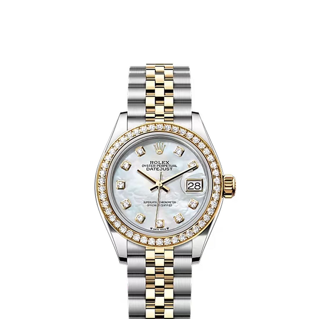 Classic Date Watch, Yellow Gold Tone, Steel, Stone-Set, 28 mm