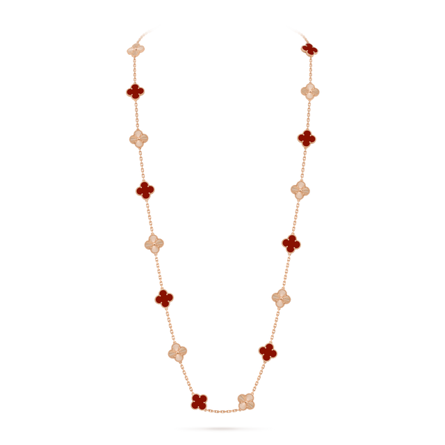 Quatrefoil Long Necklace, 20 Motifs, Rose Gold Tone, Malachite