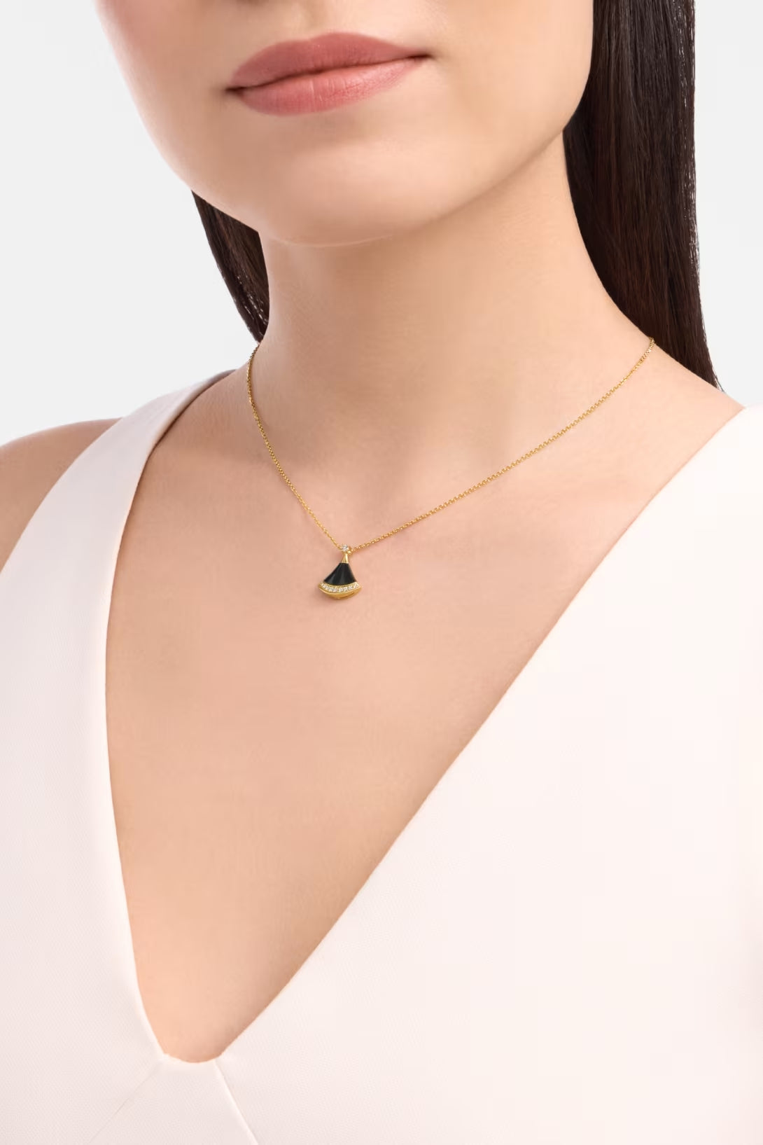 Fan-Motif Necklace, Yellow Gold Tone, Stone-Set, Size S