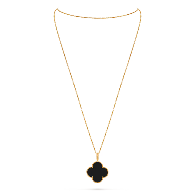 Quatrefoil Long Necklace, 1 Motifs, Yellow Gold Tone, Onyx