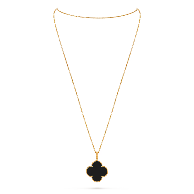 Quatrefoil Long Necklace, 1 Motifs, Yellow Gold Tone, Onyx