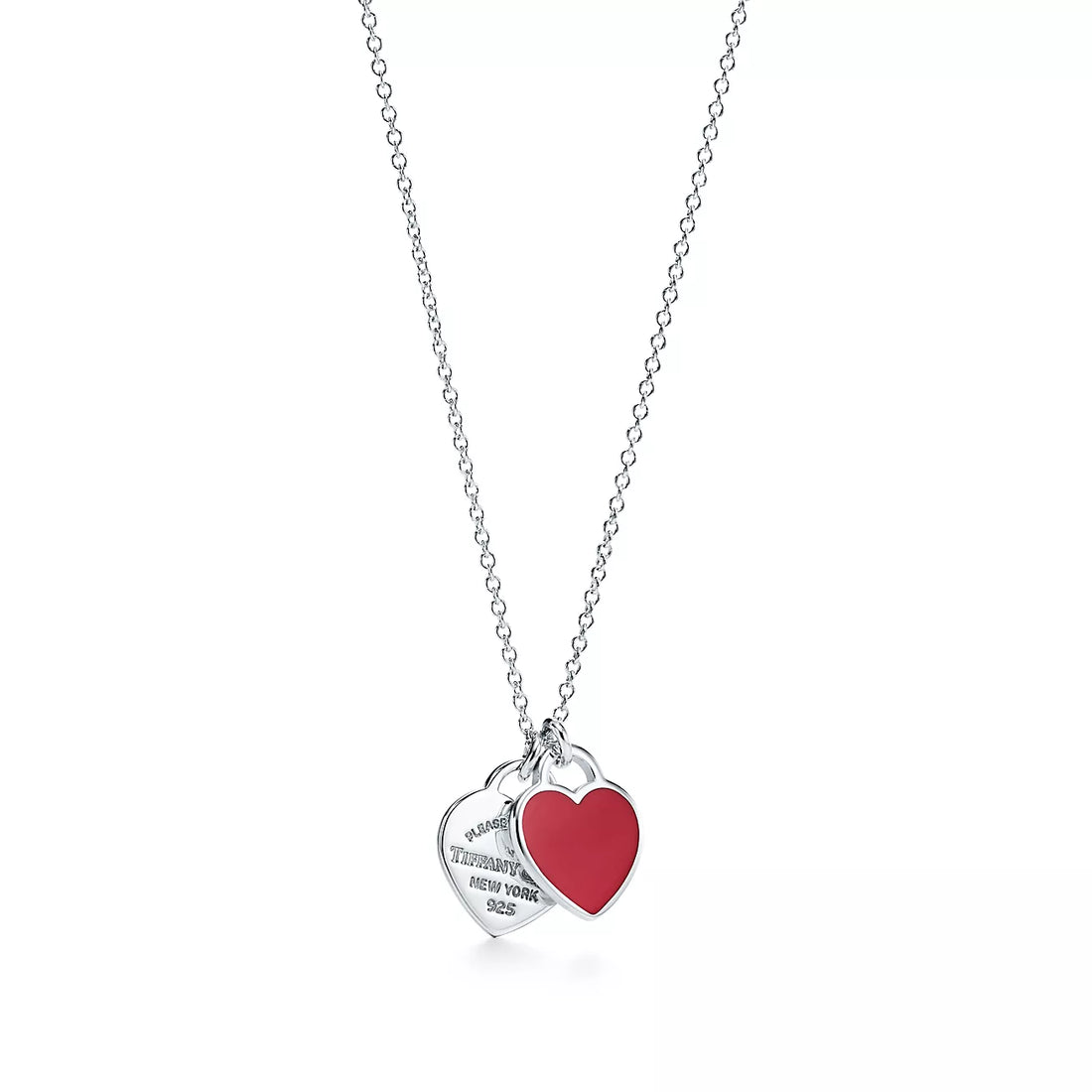 Double Heart Tag Pendant Necklace, Red, Silver Tone