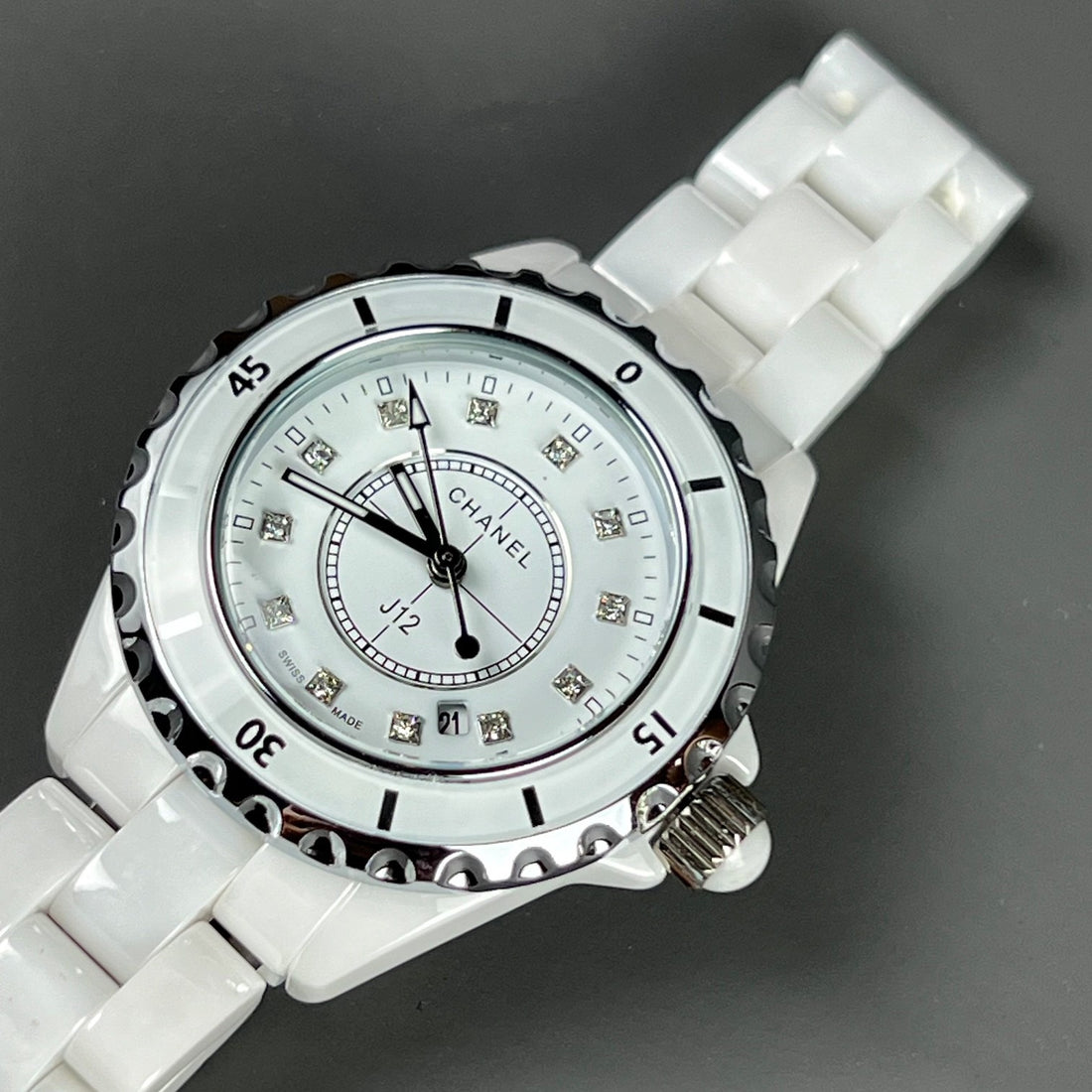 Ceramic Round Watch, White Gold Tone, White, 33MM