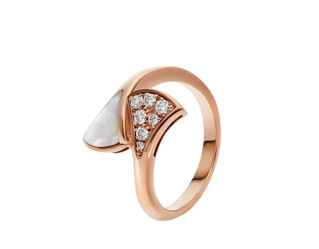 Fan-Motif Ring, Rose Gold Tone, Stone-Set, Mother-of-Pearl