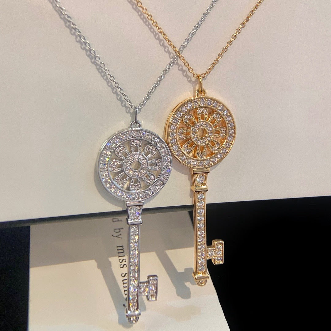 Key Pendant Necklace, White Gold Tone