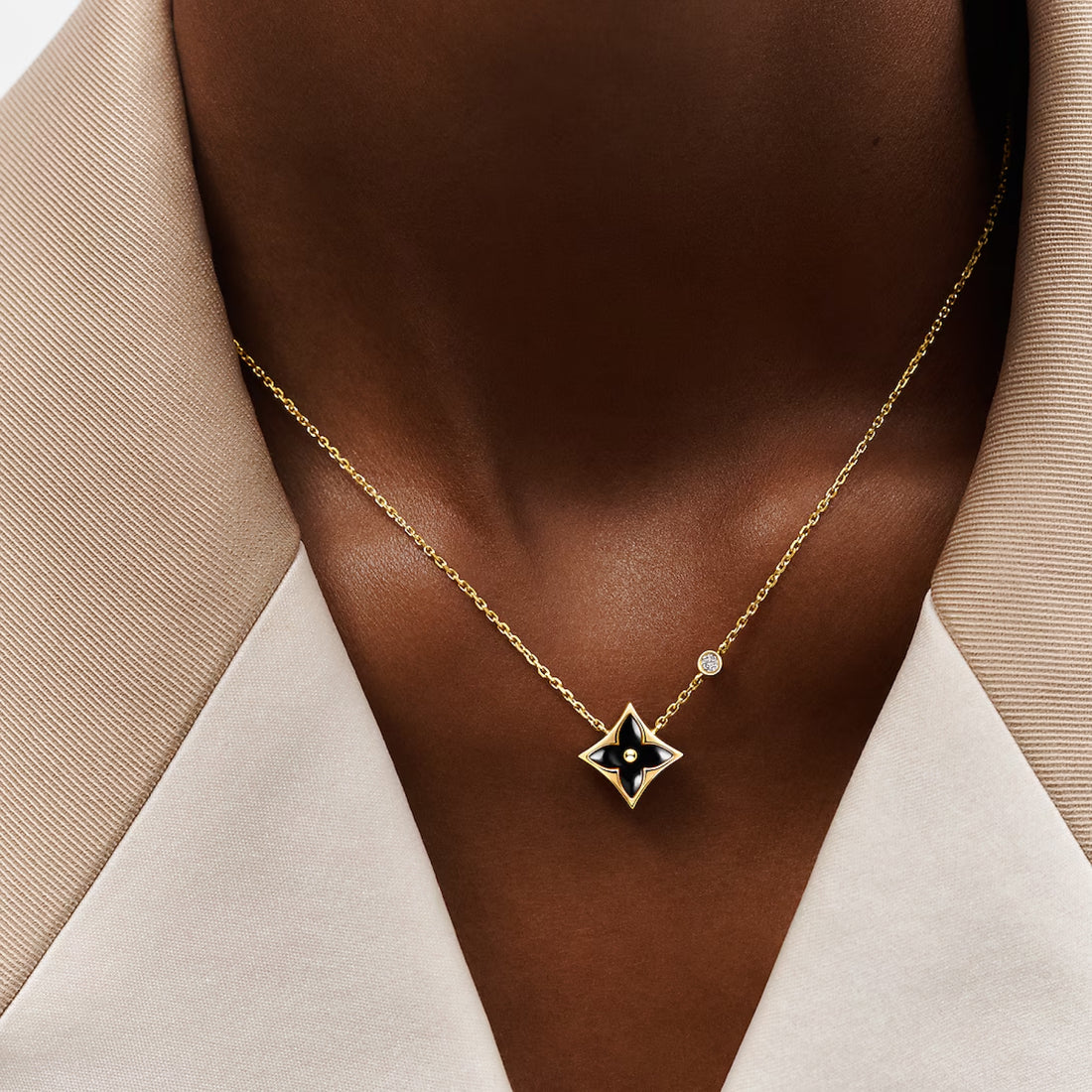 Star-Flower Pendant Necklace, Yellow Gold Tone, Onyx, Stone-Set