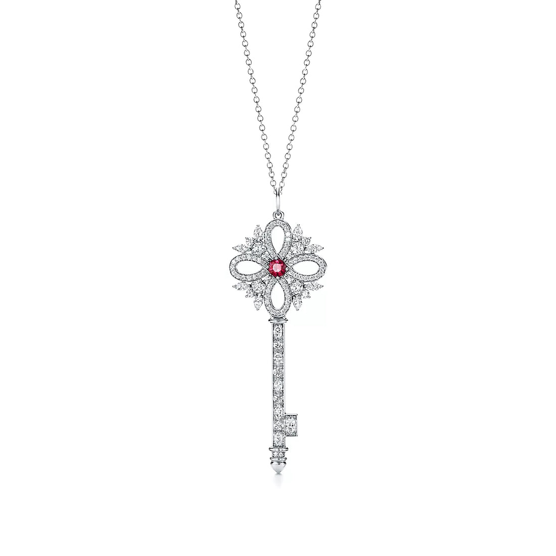 Key Pendant Necklace, White Gold Tone