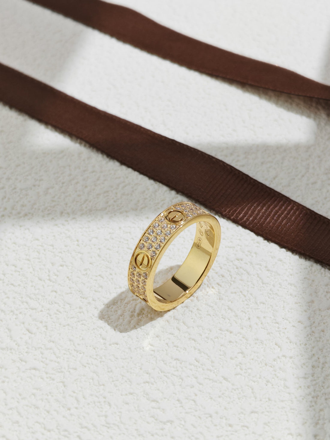 Screw-Motif Band Ring, Stone-Set, Yellow Gold Tone