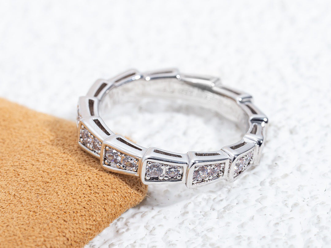 Snake-Scale Ring, White Gold Tone, Stone-Set