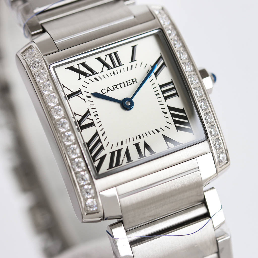 Rectangular Case Watch, White Gold Tone, Stone-Set, White, Small Model