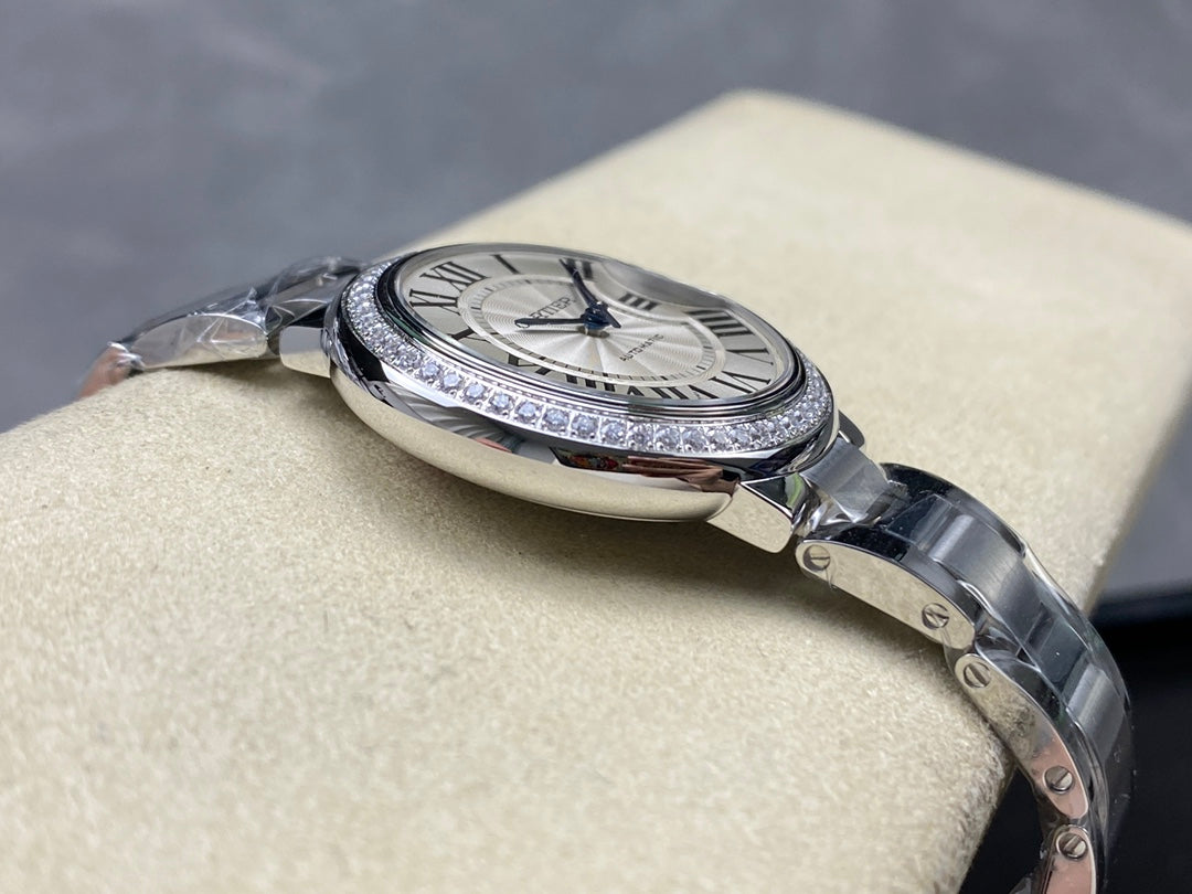 Round Domed Case Watch, White Gold Tone, Stone-Set, White, Small Model