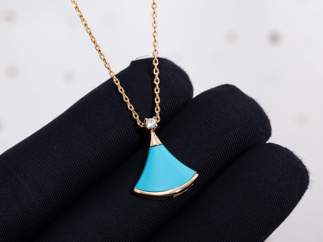 Fan-Motif Necklace, Rose Gold Tone, Stone-Set, Turquoise