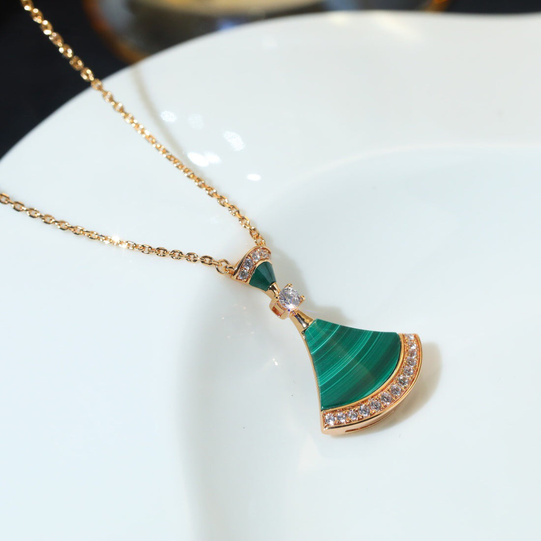 Fan-Motif Necklace, Rose Gold Tone, Stone-Set, Malachite